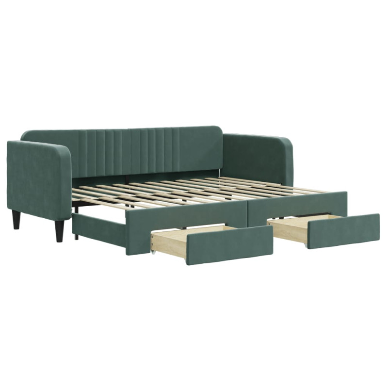 Sofa rozsuwana z szufladami, ciemnozielona, 80x200 cm, aksamit