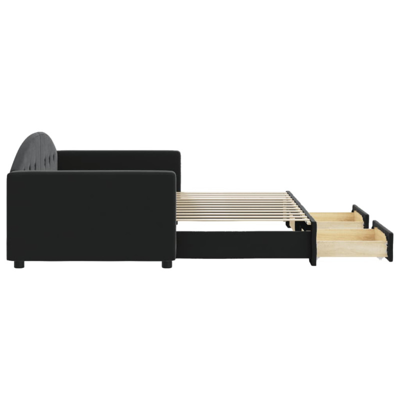 Sofa rozsuwana z szufladami, czarna, 90x200 cm, aksamit