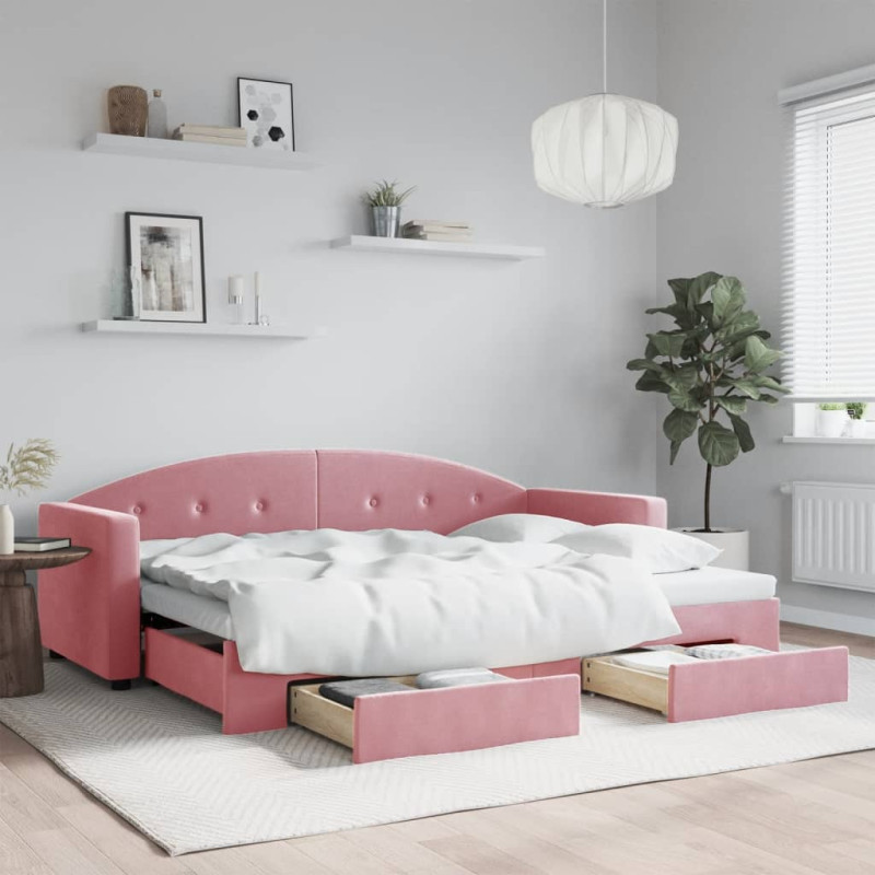 Sofa rozsuwana z szufladami, różowa, 80x200 cm, aksamit