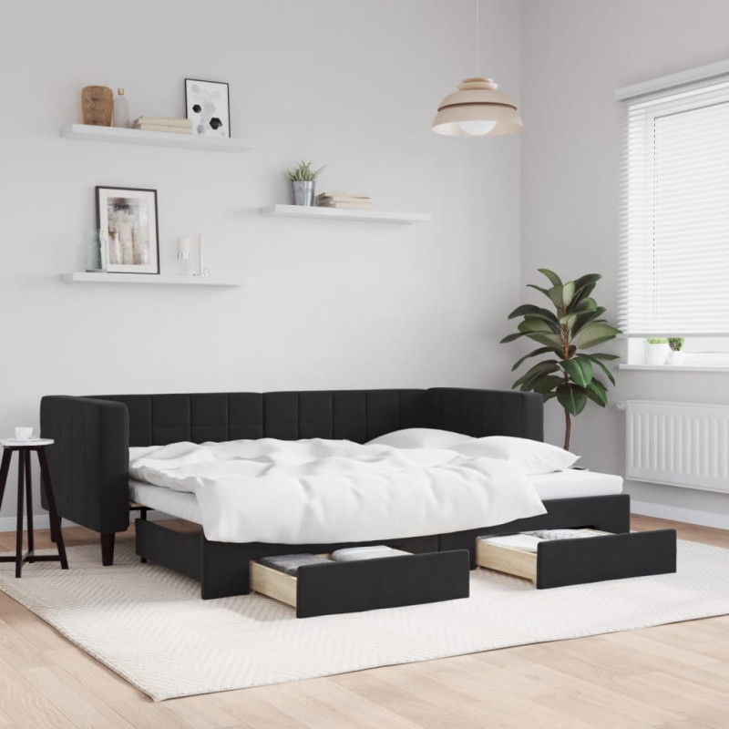 Sofa rozsuwana z szufladami, czarna, 80x200 cm, aksamit
