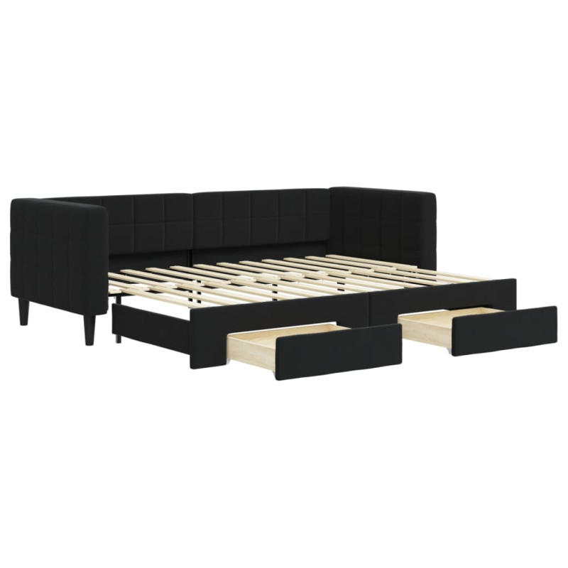 Sofa rozsuwana z szufladami, czarna, 80x200 cm, aksamit
