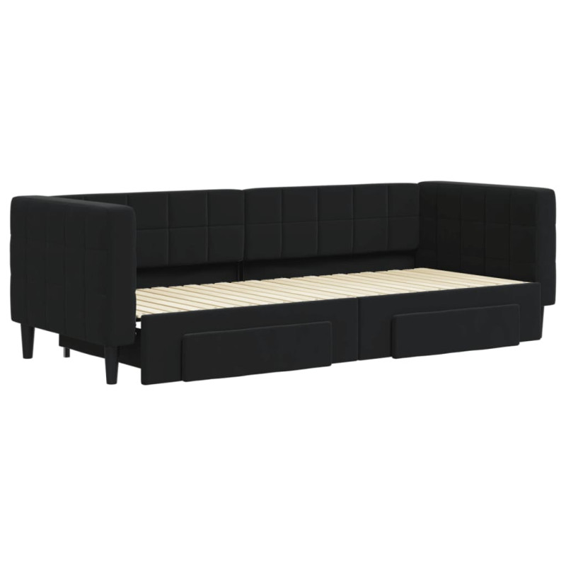 Sofa rozsuwana z szufladami, czarna, 80x200 cm, aksamit