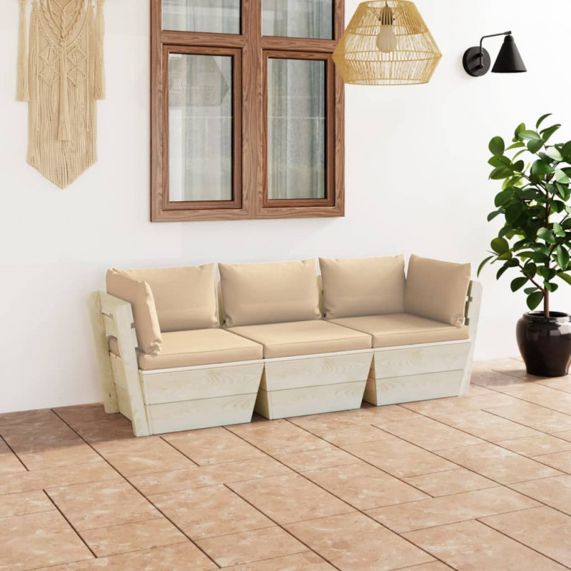 Ogrodowa sofa 3-osobowa z palet, z poduszkami, drewno świerkowe