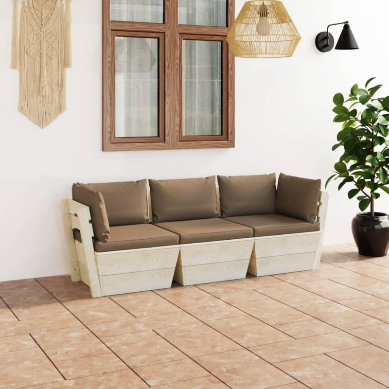 Ogrodowa sofa 3-osobowa z palet, z poduszkami, drewno świerkowe