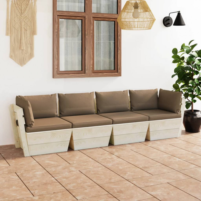 Ogrodowa sofa 4-osobowa z palet, z poduszkami, drewno świerkowe