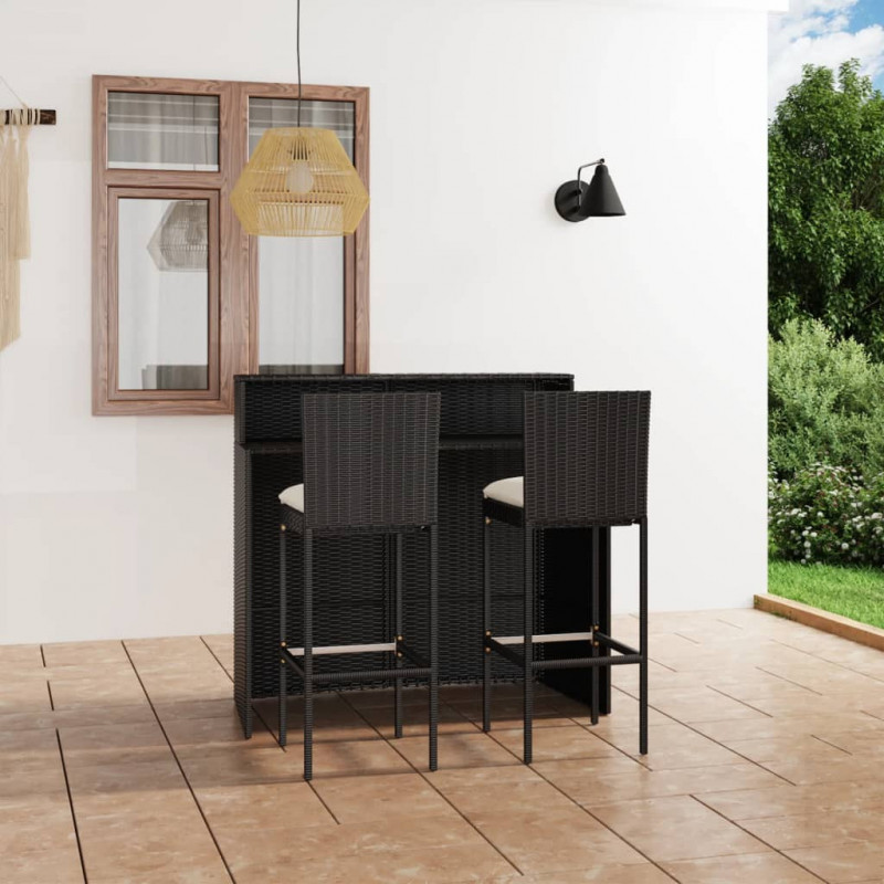 3-cz. zestaw barowy do ogrodu, z poduszkami, rattan PE, czarny