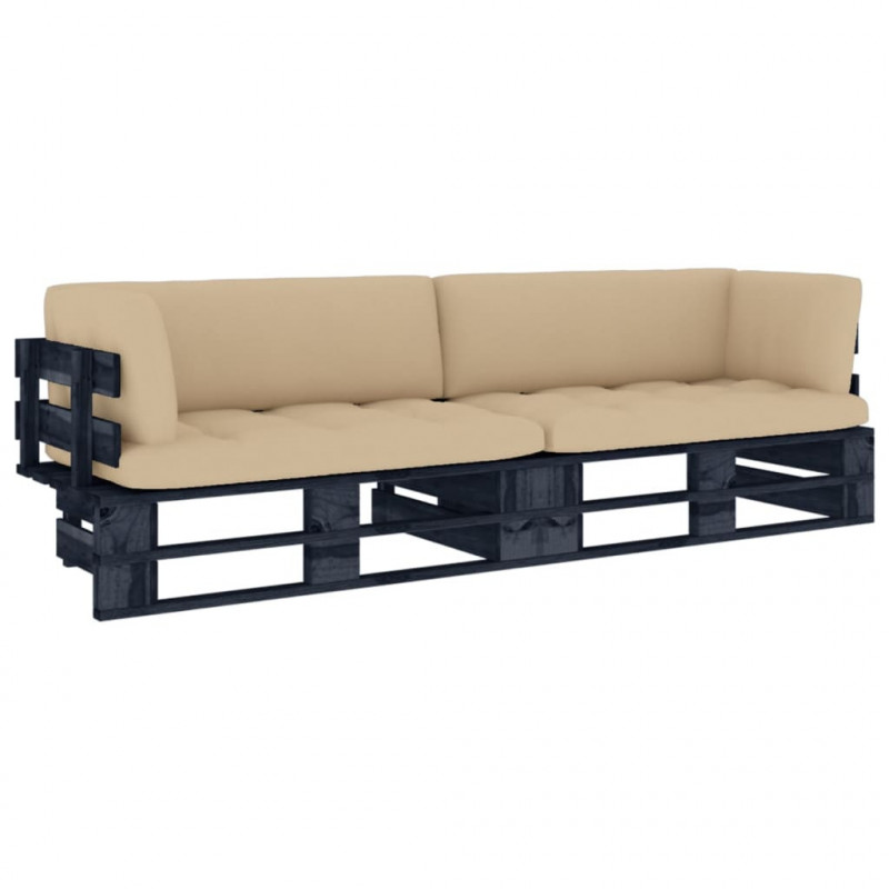 Sofa 2-osobowa z palet, z poduszkami, czarna, drewno sosnowe