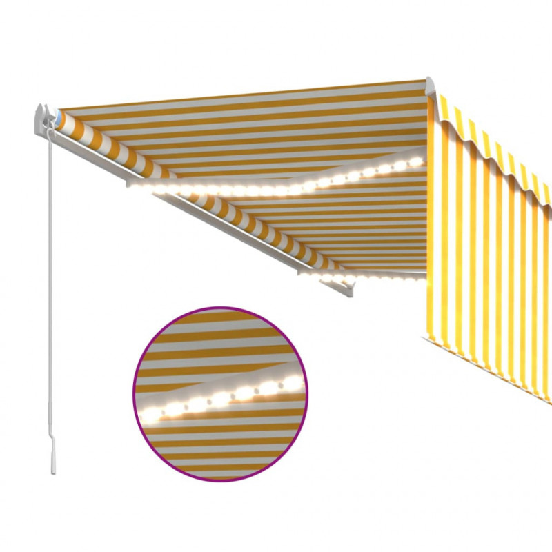 Ręcznie zwijana markiza z zasłoną i LED, 3x2,5 m, żółto-biała