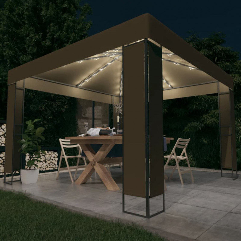 Altana z podwójnym dachem i sznurem lampek LED 3x3x2,7 m, taupe