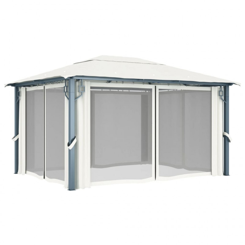 Altana z zasłonami i lampkami LED, 4x3 m, kremowa, aluminium