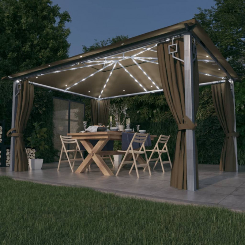 Altana z zasłonami i lampkami LED, 4x3 m, taupe, aluminium