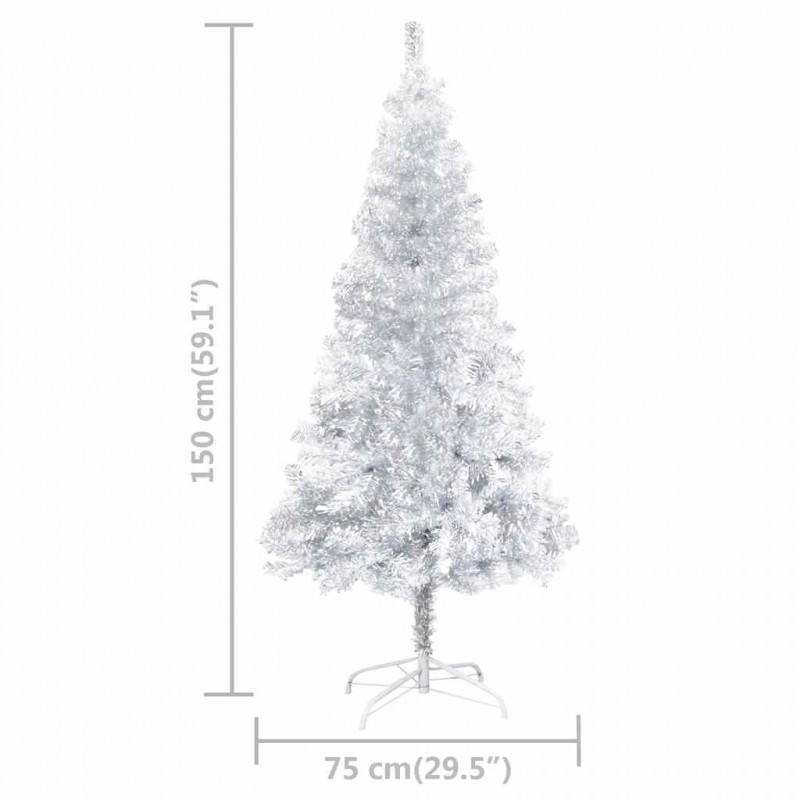 Sztuczna choinka z lampkami i bombkami, srebrna, 150 cm, PET