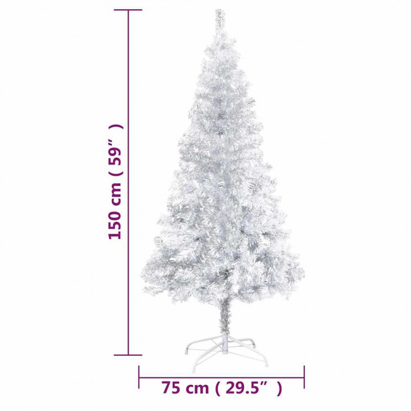 Sztuczna choinka z lampkami i bombkami, srebrna, 150 cm, PET