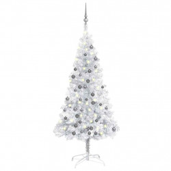 Sztuczna choinka z lampkami i bombkami, srebrna, 120 cm, PET