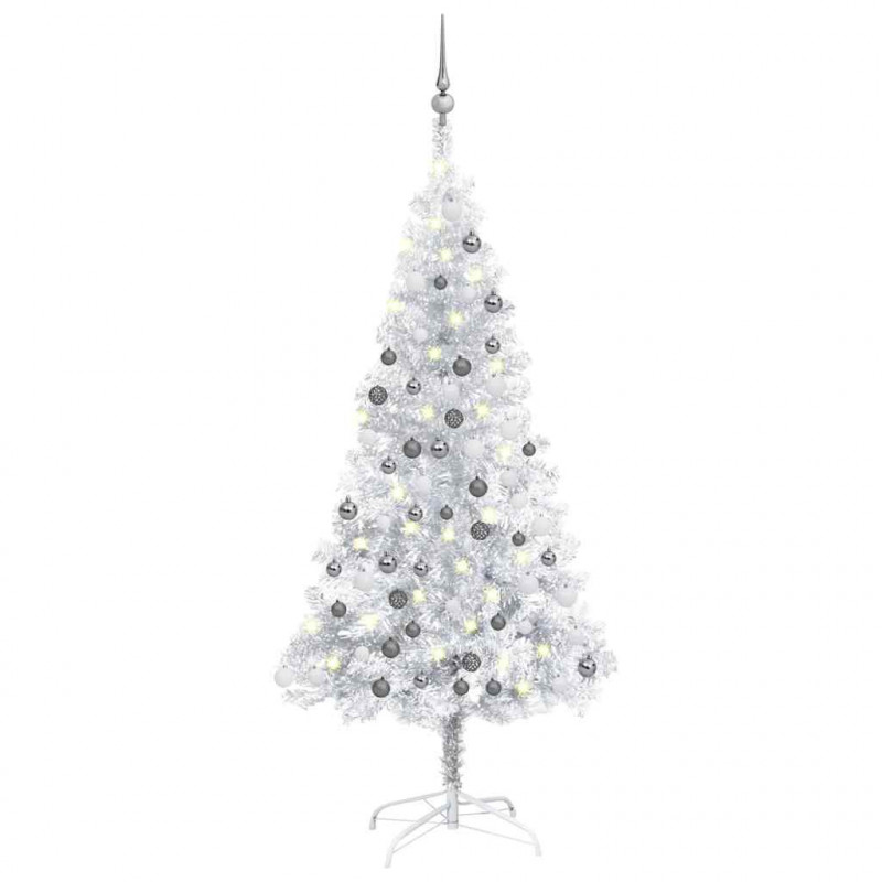 Sztuczna choinka z lampkami i bombkami, srebrna, 120 cm, PET