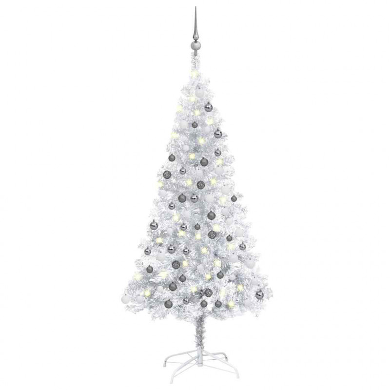 Sztuczna choinka z lampkami i bombkami, srebrna, 150 cm, PET