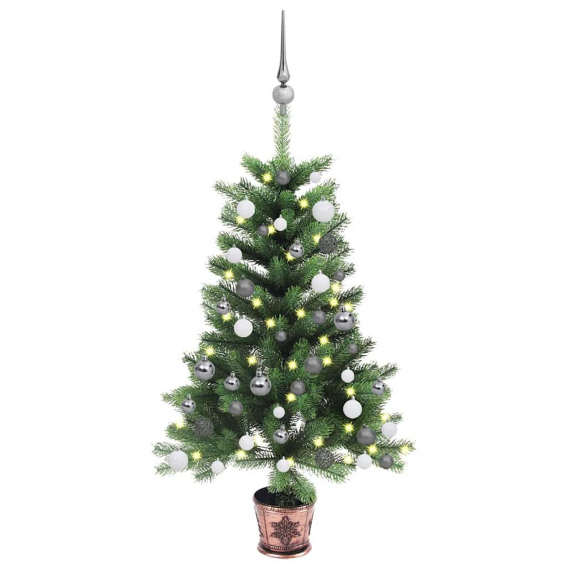 Sztuczna choinka z lampkami i bombkami, 90 cm, zielona