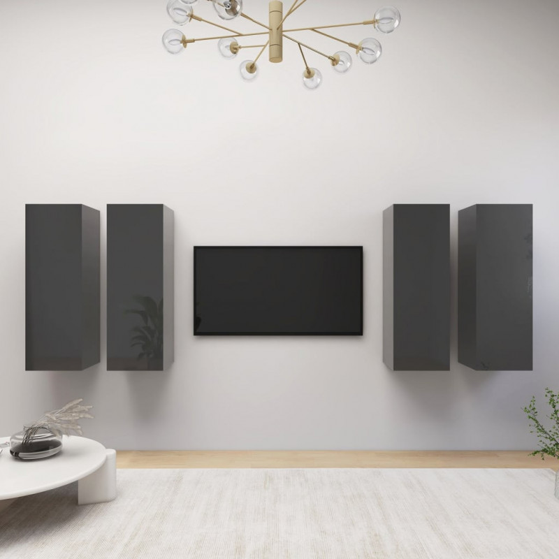 Szafki TV, 4 szt., wysoki połysk, szare, 30,5x30x90 cm