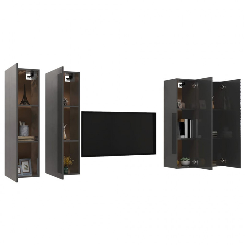 Szafki TV, 4 szt., szare, wysoki połysk, 30,5x30x110 cm
