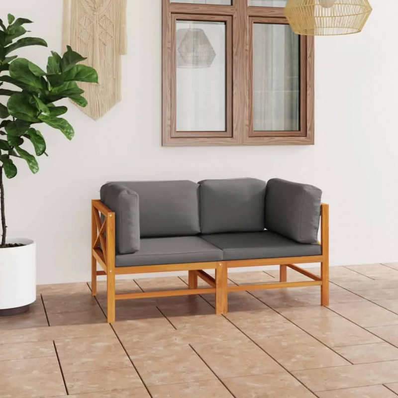 2-os. sofa ogrodowa z szarymi poduszkami, lite drewno tekowe