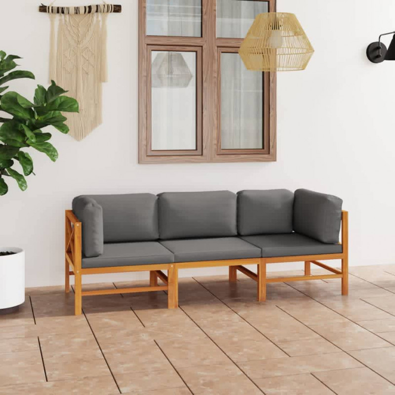 3-os. sofa ogrodowa z szarymi poduszkami, lite drewno tekowe