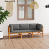 3-os. sofa ogrodowa z szarymi poduszkami, lite drewno tekowe