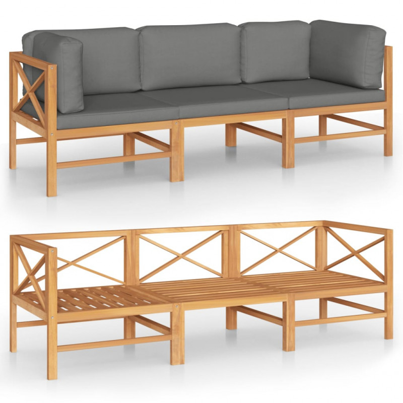 3-os. sofa ogrodowa z szarymi poduszkami, lite drewno tekowe