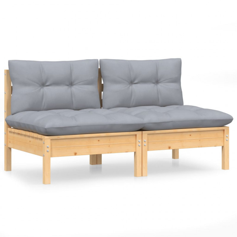 2-osobowa sofa ogrodowa z szarymi poduszkami, drewno sosnowe