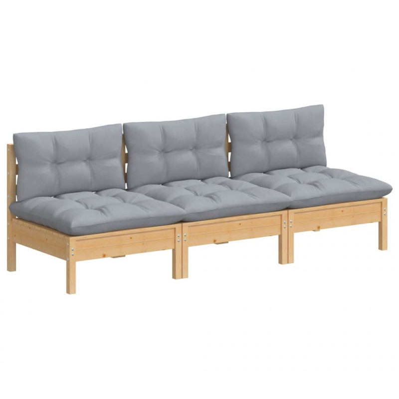3-osobowa sofa ogrodowa z szarymi poduszkami, drewno sosnowe