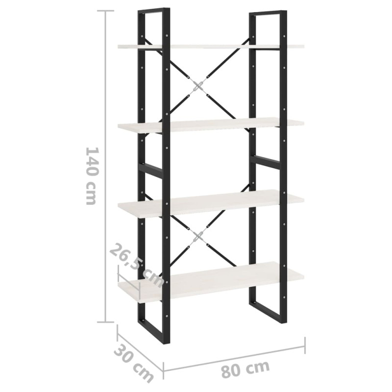 Regał na książki, 4 półki, biały, 80x30x140 cm, drewno sosnowe
