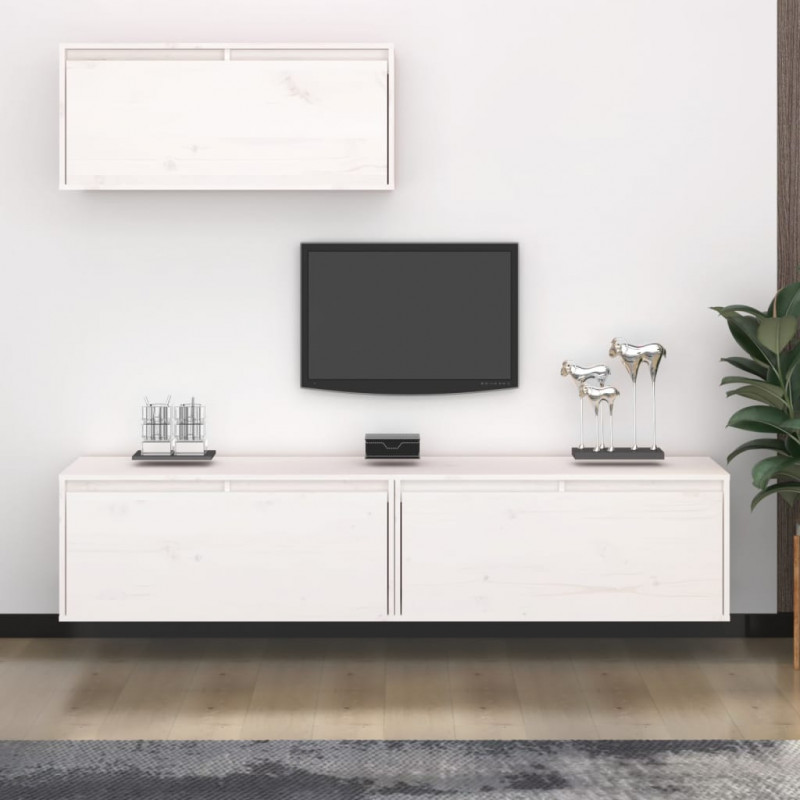 Szafki pod TV, 3 szt., białe, lite drewno sosnowe