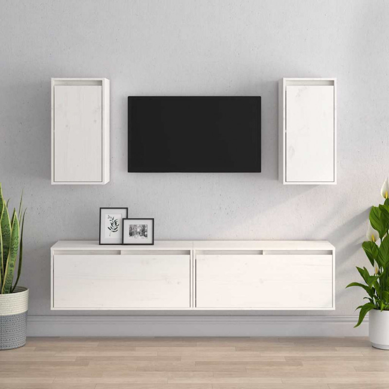 Szafki pod TV, 4 szt., białe, lite drewno sosnowe