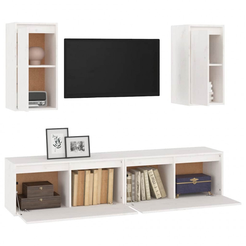 Szafki pod TV, 4 szt., białe, lite drewno sosnowe