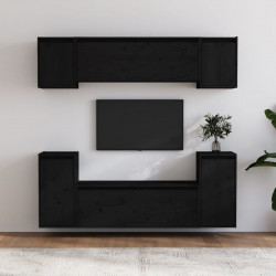 Szafki pod TV, 6 szt., czarne, lite drewno sosnowe