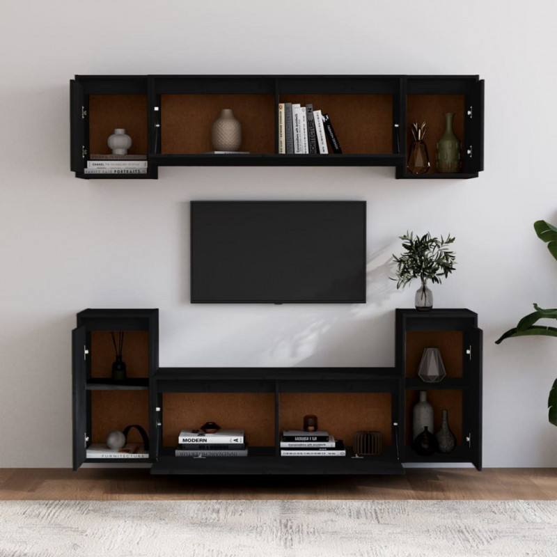 Szafki pod TV, 6 szt., czarne, lite drewno sosnowe