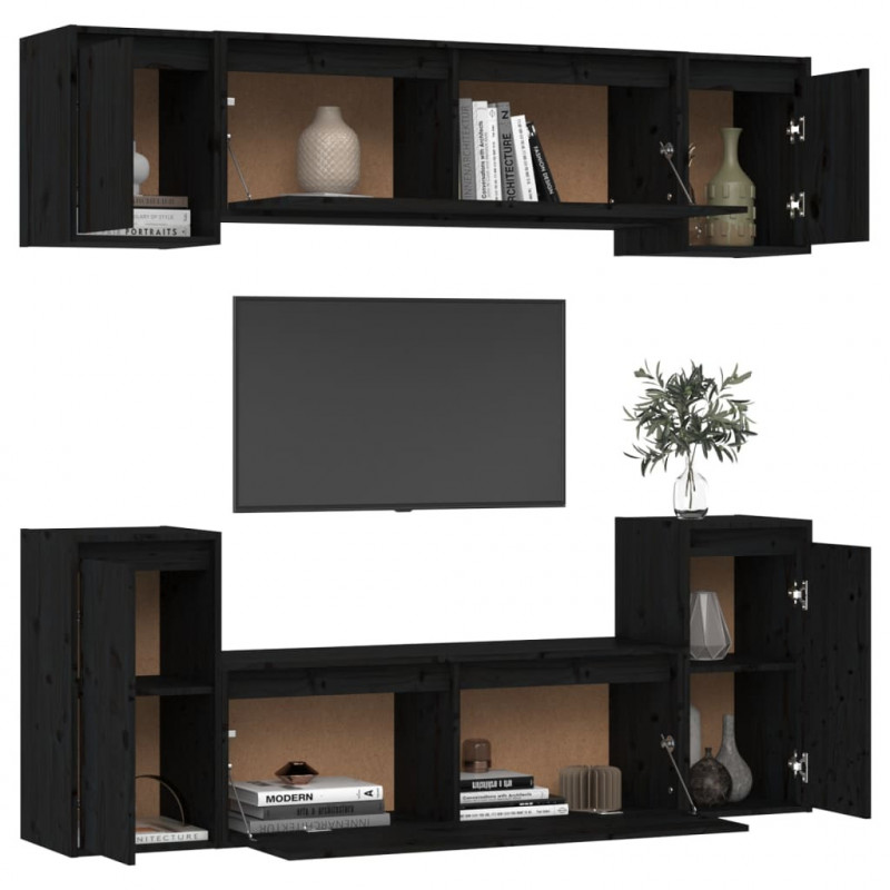 Szafki pod TV, 6 szt., czarne, lite drewno sosnowe
