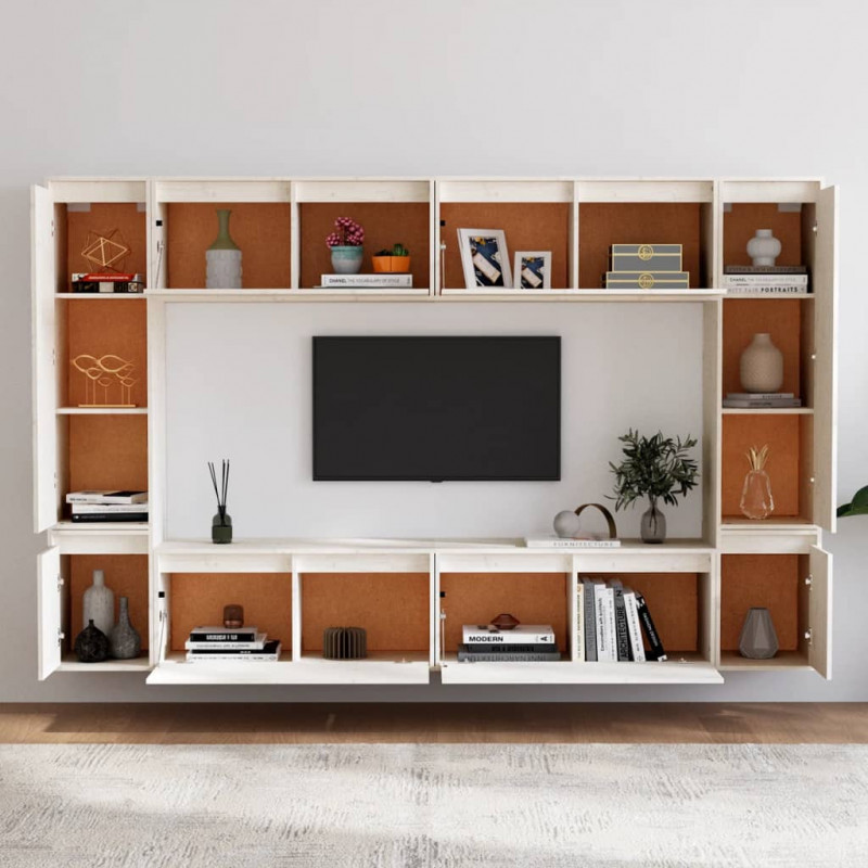 Szafki pod TV, 8 szt., białe, lite drewno sosnowe