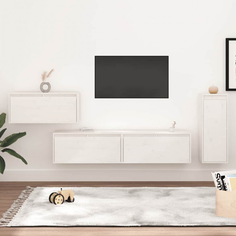 Szafki pod TV, 4 szt., białe, lite drewno sosnowe