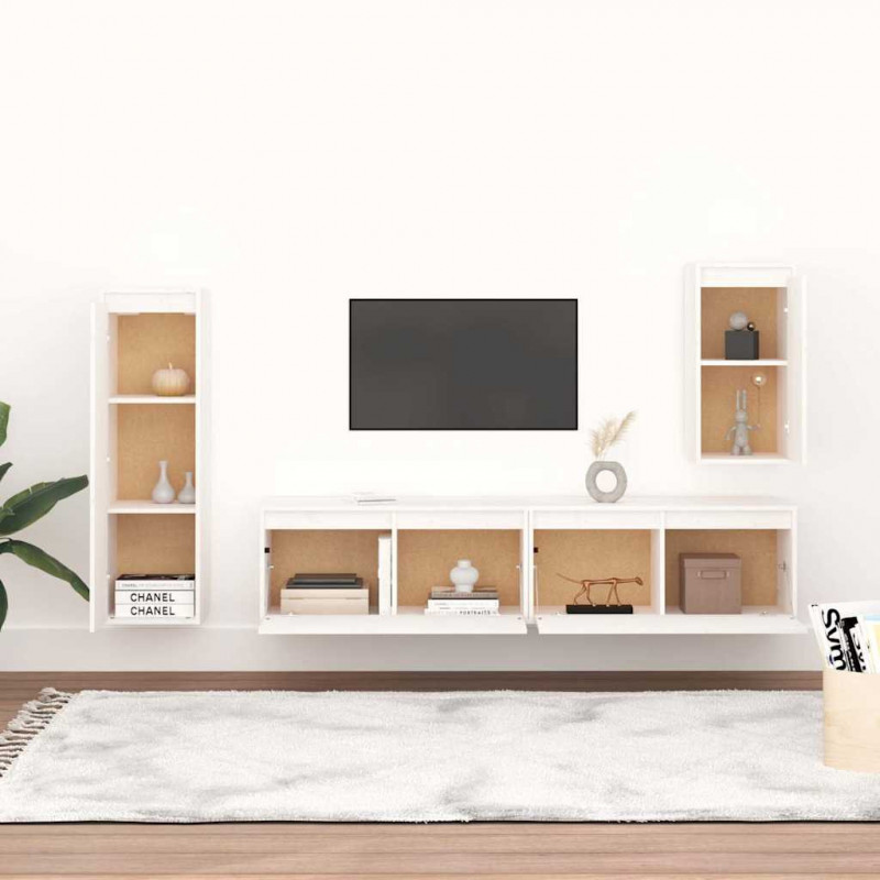 Szafki pod TV, 4 szt., białe, lite drewno sosnowe