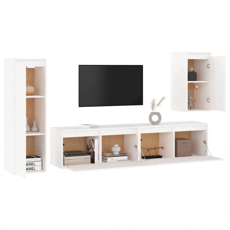 Szafki pod TV, 4 szt., białe, lite drewno sosnowe