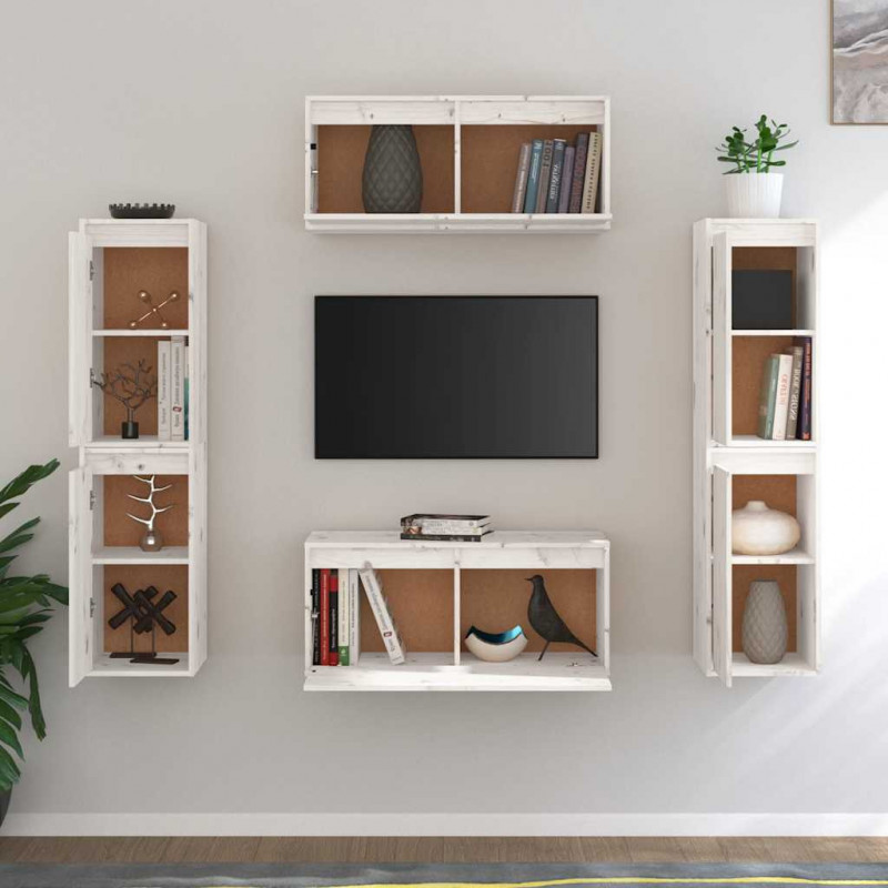 Szafki pod TV, 6 szt., białe, lite drewno sosnowe