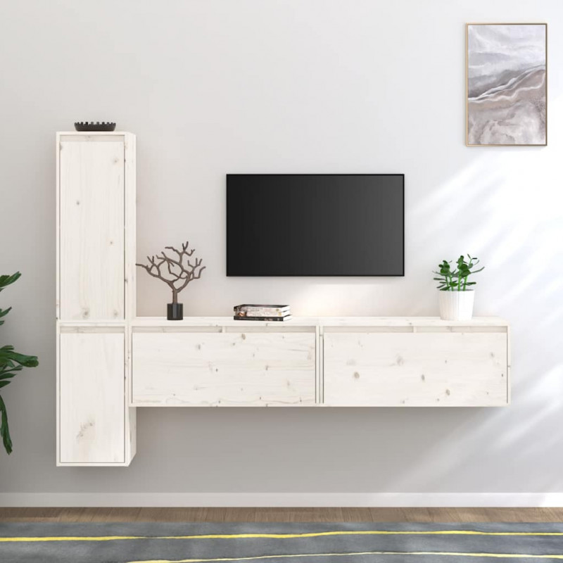 Szafki pod TV, 4 szt., białe, lite drewno sosnowe