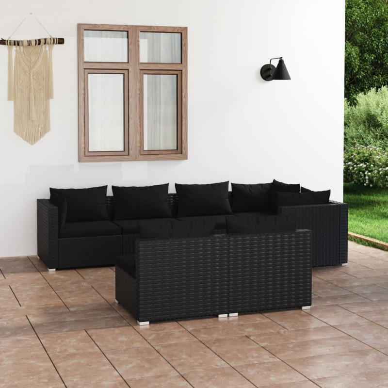 7-cz. zestaw mebli do ogrodu, z poduszkami, rattan PE, czarny