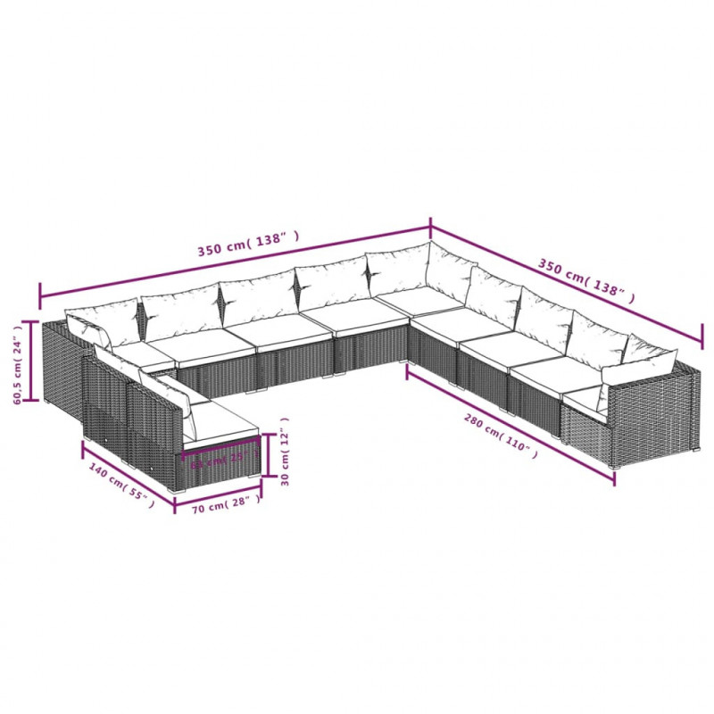 11-cz. zestaw mebli do ogrodu, z poduszkami, czarny rattan PE