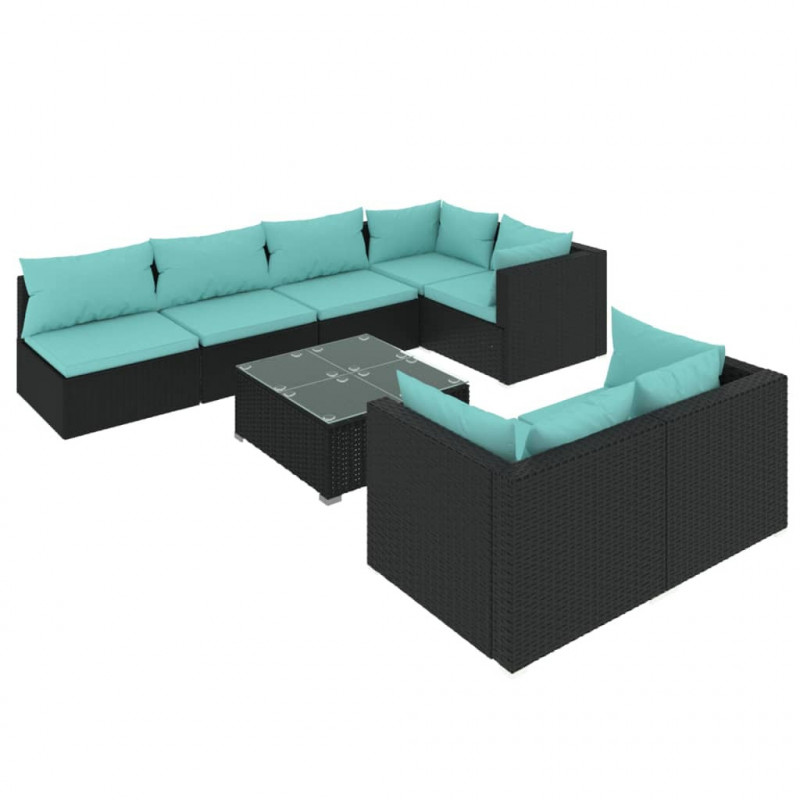8-cz. zestaw wypoczynkowy do ogrodu, poduszki, czarny rattan PE