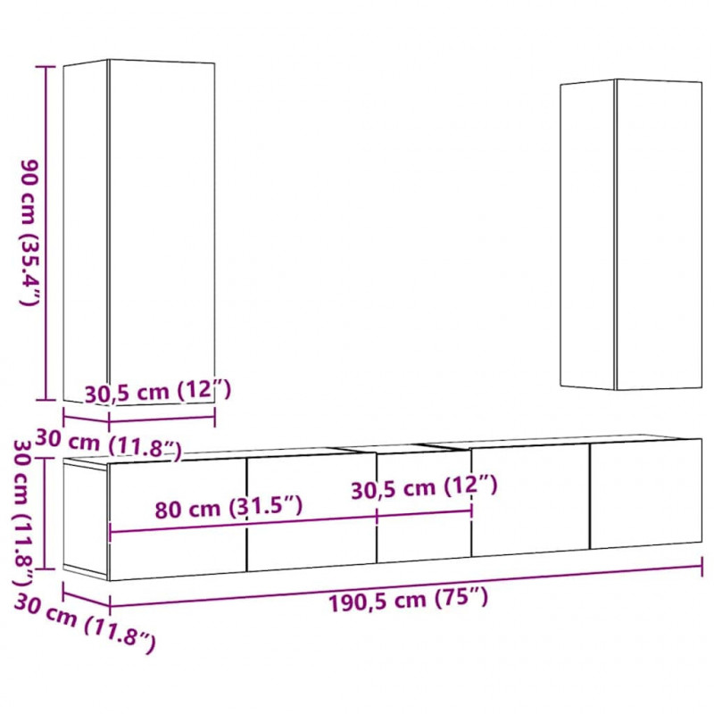 5-częściowy zestaw szafek telewizyjnych,, szary dąb sonoma