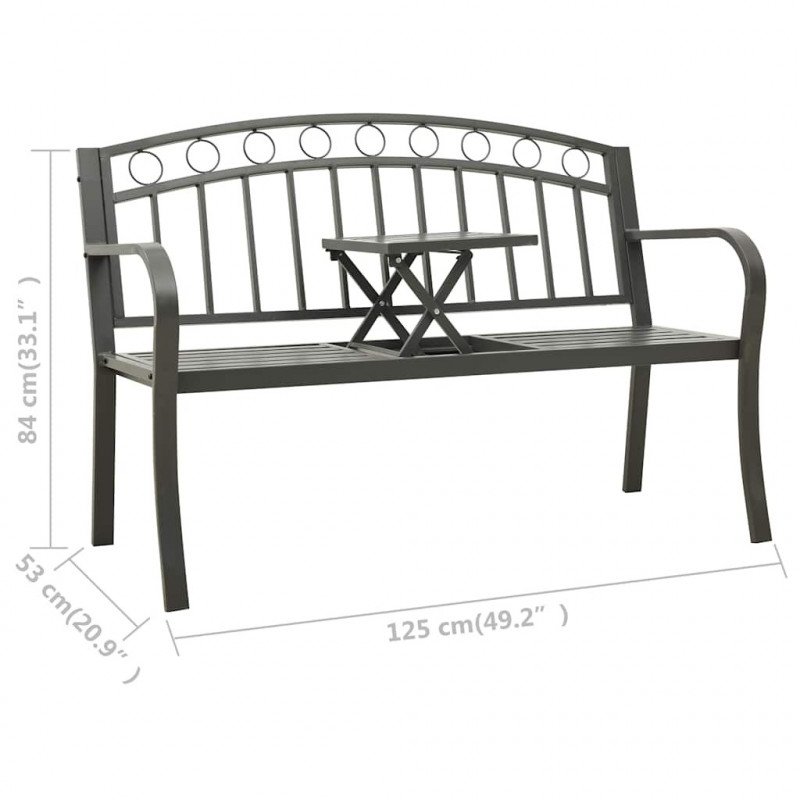 Ławka ogrodowa ze stolikiem, 125 cm, stal, szara