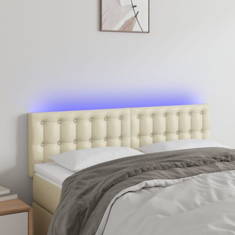 Zagłówek do łóżka z LED, kremowy, 144x5x78/88cm, sztuczna skóra