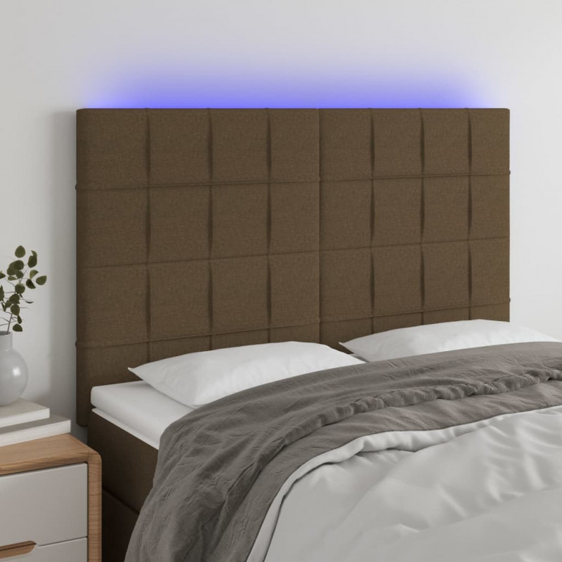 Zagłówek do łóżka z LED ciemnobrązowy 144x5x118/128 cm tkanina