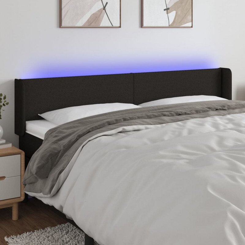 Zagłówek do łóżka z LED, czarny, 203x16x78/88 cm, tkanina